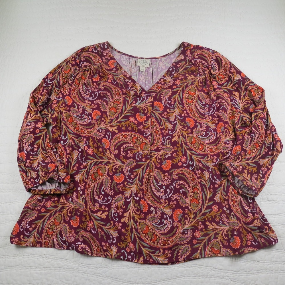 St. John's Bay Paisley Blouse 2X Purple V-Neck Boho Peasant Top Cottage Artsy